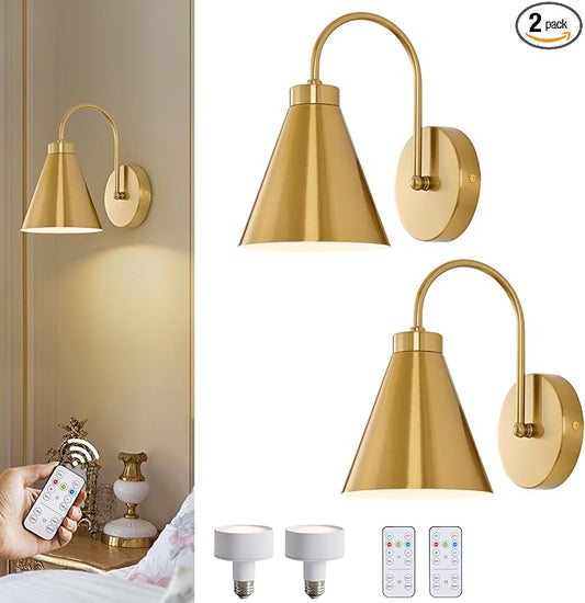 Powfloven Vintage Rechargeable Wall Sconces Set of 2, Wireless Gooseneck Indoor