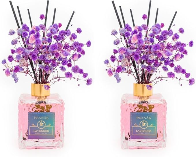 PEANÄK Reed Diffuser Set - French Lavender Fragrance 6.7oz (200 ml) - 2 Pack Real Preserved Flowers & Reed Sticks for Home & Office Bathroom Shelf Décor with Long Lasting Gift Scents