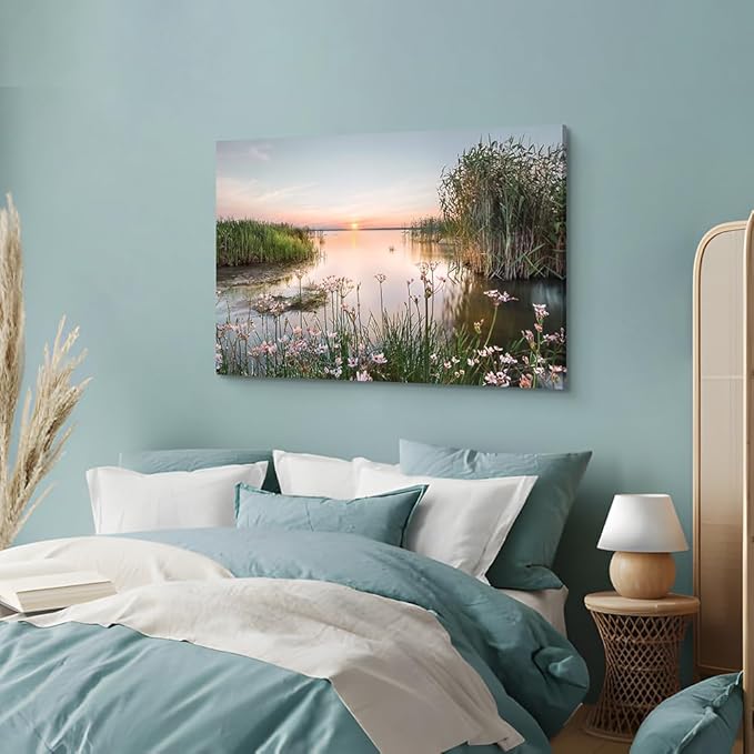 Hardy Gallery lake pictures wall decor artwork: scenic canvas wall art lake scene artwork nature scenery painting - sunset landscape prints for bedroom house 36"x24"