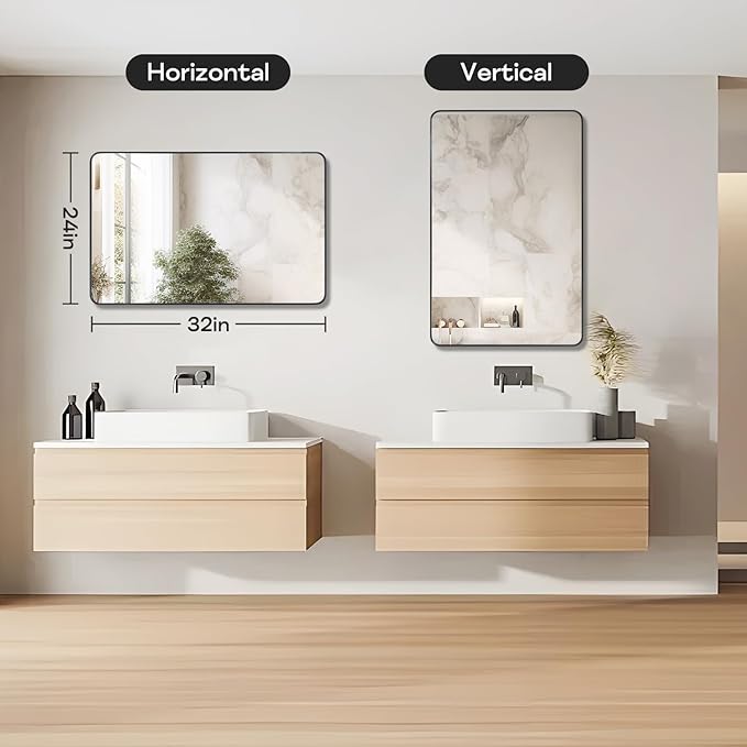 Black Framed Bathroom Mirror for Wall, Matte Black Rounded Corner Rectangle