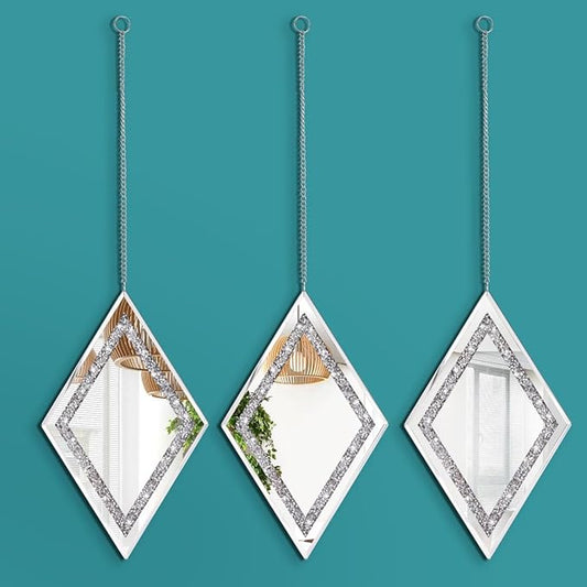 Pibeyer Silver Diamond Shaped Wall Mirror Set of 3, Decorative Crystal Crush