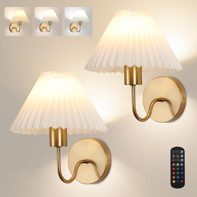 Wireless Wall Sconce Sets of 2, Pleated Shades Rechargeable Battery Operated
