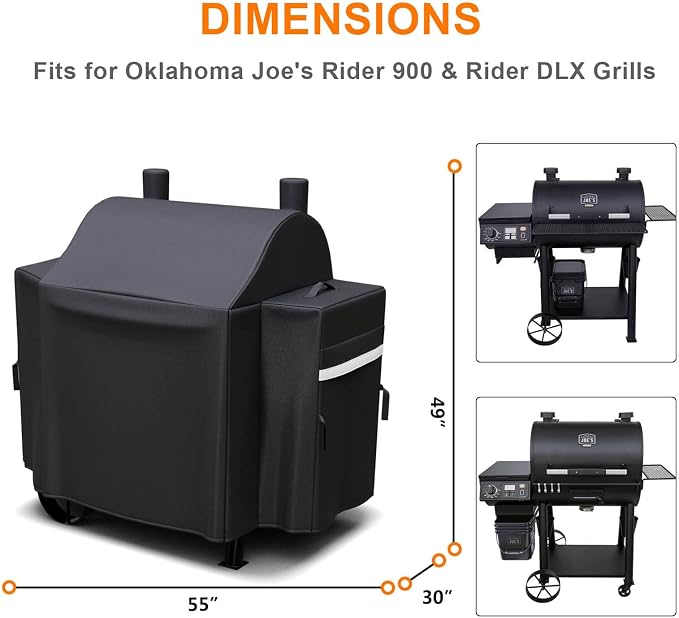 Grisun Grill Cover for Oklahoma Joe's Rider 900 & Rider DLX Grills, Anti-Fade Waterproof Charcoal Offset Smoker Cover, Strap for Fix, Fabric Handle for Easy Put On and Take Off, 600D Material, Black