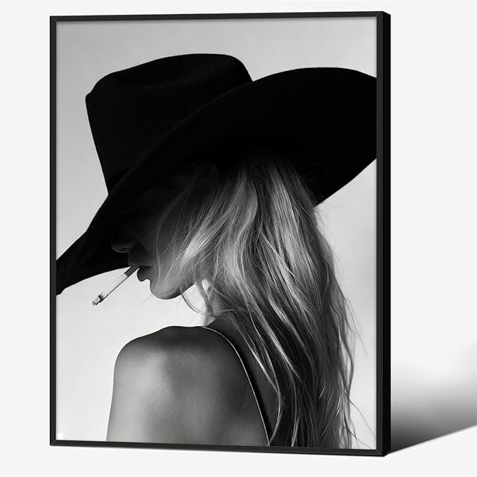 Trendy Black And White Black Framed Wall Art Cool Western Woman Smoking Prints