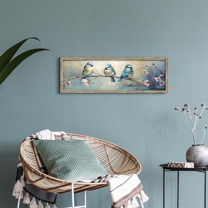 Colorful BlueBird Wooden Wall Art: Rustic Bird Framed Painting Vintage Sparrow Picture Cute Chickadee on Flower Branch Prints Countryside Artwork Decor for Living Room Bedroom Farmhouse
