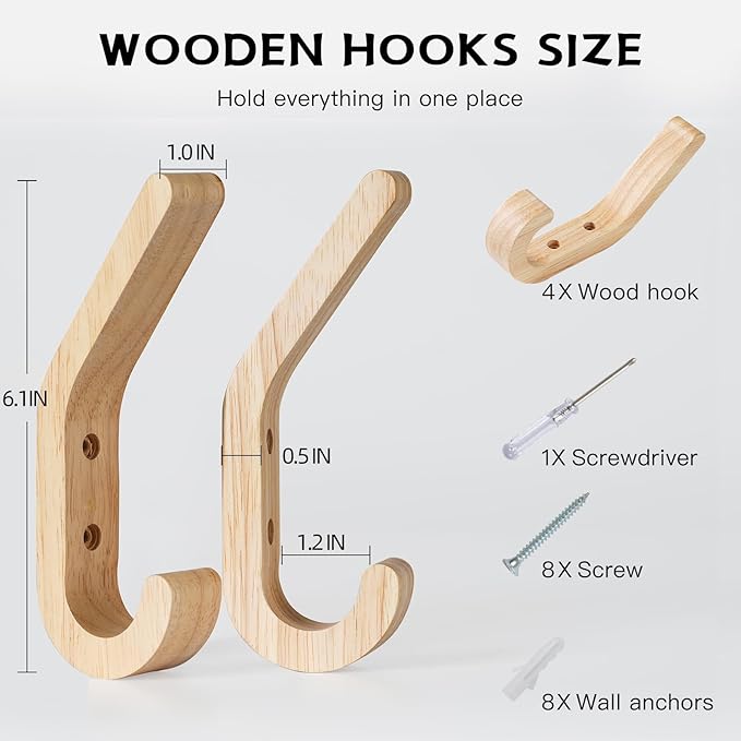 Natural Wood Wall Hooks, 4 Pack Wall Mounted Wooden Coat Hooks, Modern