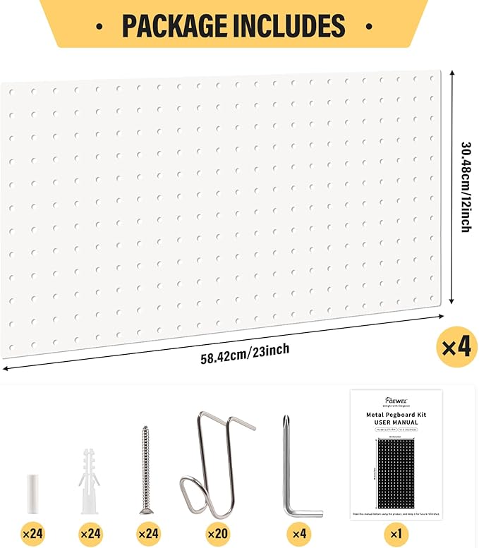 DEWEL Peg Board, 23" x 12" Metal Pegboard Panels, 4 Pack Metal PegBoard Organizer with Accessories, Wall Organizer Peg Board for Garage and Garden Tool Storage, Includes Installation kit（4pcs white）