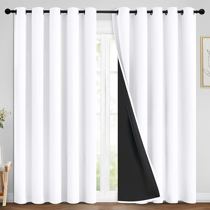 Yakamok Pure White 100% Blackout Curtains, 2 Thick Layers Completely Blackout