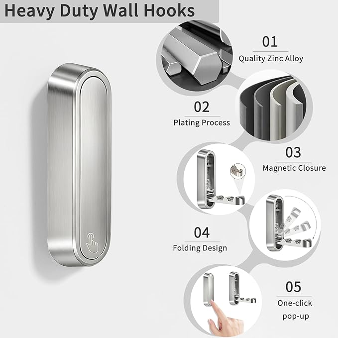 4PCS Foldable Wall Hooks, Flip Down Design