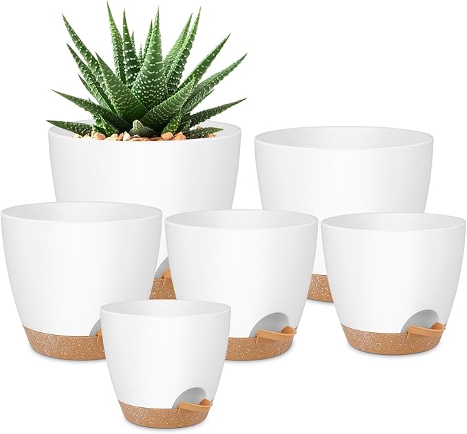 Plant Pots 8/7/6.5/6/5.5/5 Inch Self Watering Pots, Set of 6 Plastic Planters with Drainage Holes and Saucers,Plastic Flower Pots,Nursery Planting Pot for Indoor Out Door Plantsï¼Whiteï¼