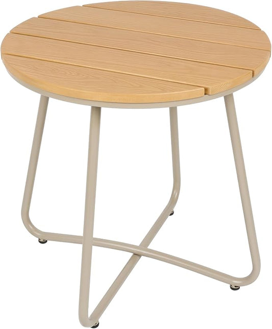 danpinera Outdoor Side Tables, HDPS Patio Table with Metal Legs, 18 Inch Outdoor Small Round Table for Garden, Backyard, Porch, Deck, Balcony, Poolside, Natural