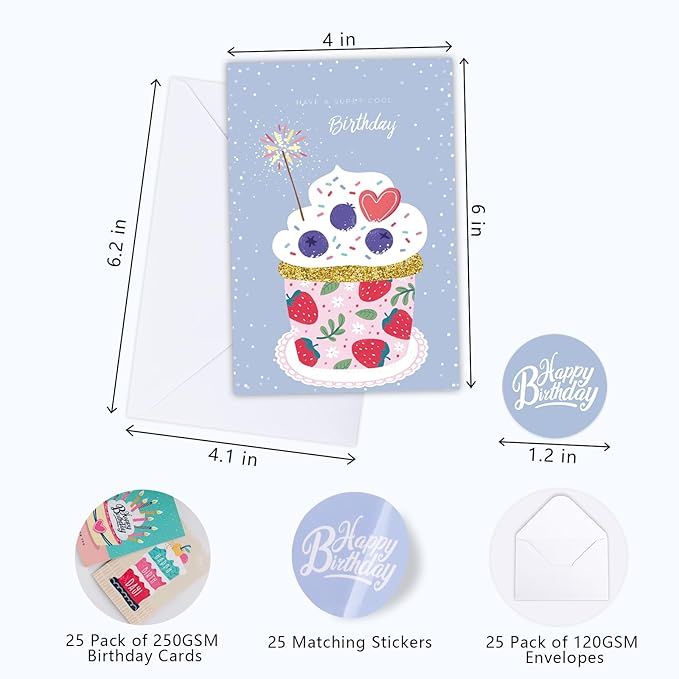 FUHITIM Birthday Cards,25 Pcs Blank Cards with Envelopes & Stickers,25 Design,4x6 Inches Happy Birthday Card,Birthday Card for Kids,Friends,Family and Colleagues