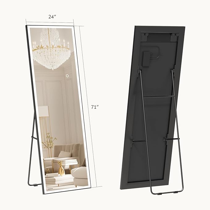 Kosmonia 71x24 Full Length Mirror, Dimmable 3 Color LED Light w/Light Memory