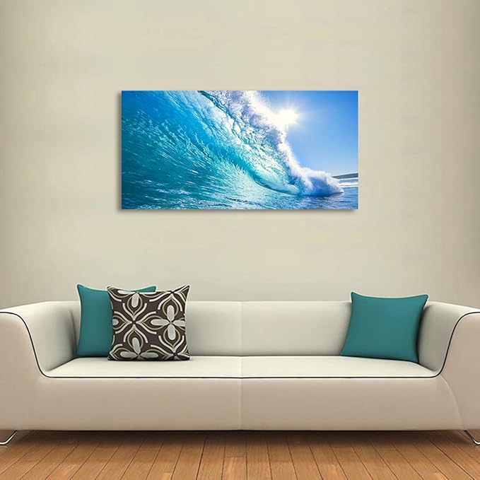 Haichuang Decor Art Framed Ocean Wave Wall Art, 48x24 Inch Large Horizontal Turquoise Sea Canvas Prints, Coastal Beach Nautical Wall Decor for Living Room Bedroom Bathroom Ready to Hang