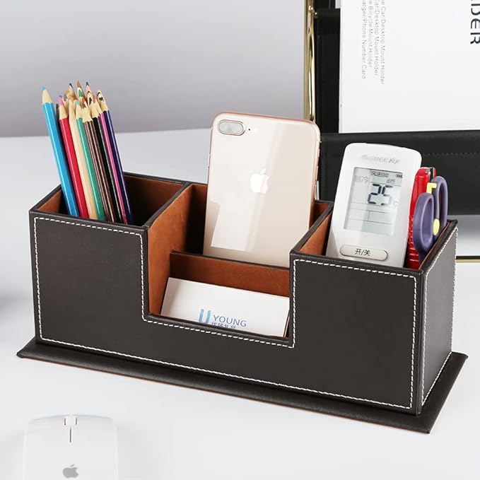 KINGFOM™ Double Holder Wood Leather Multi-Function Desk Stationery Organizer Dark Brown