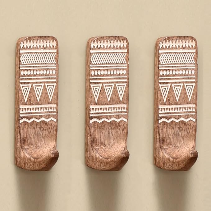 IndianShelf 10 LB- 3 Pieces Decorative Wood Adhesive Wall Hooks–Boho Peel and