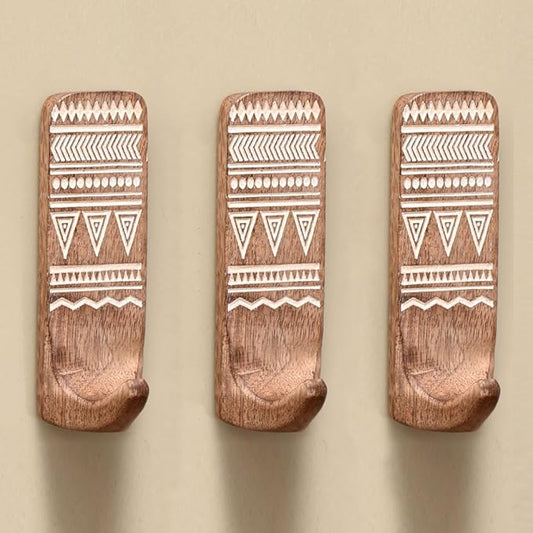 IndianShelf 10 LB- 3 Pieces Decorative Wood Adhesive Wall Hooks–Boho Peel and