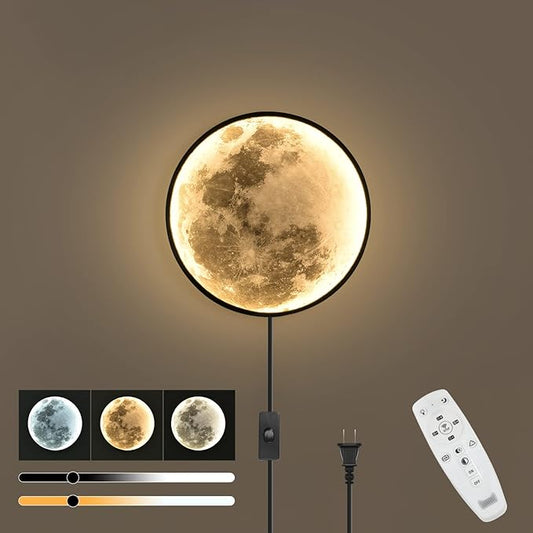 QIYIMEILUX Dimmable Moon Wall Sconce Plug in Modern LED Wall Light