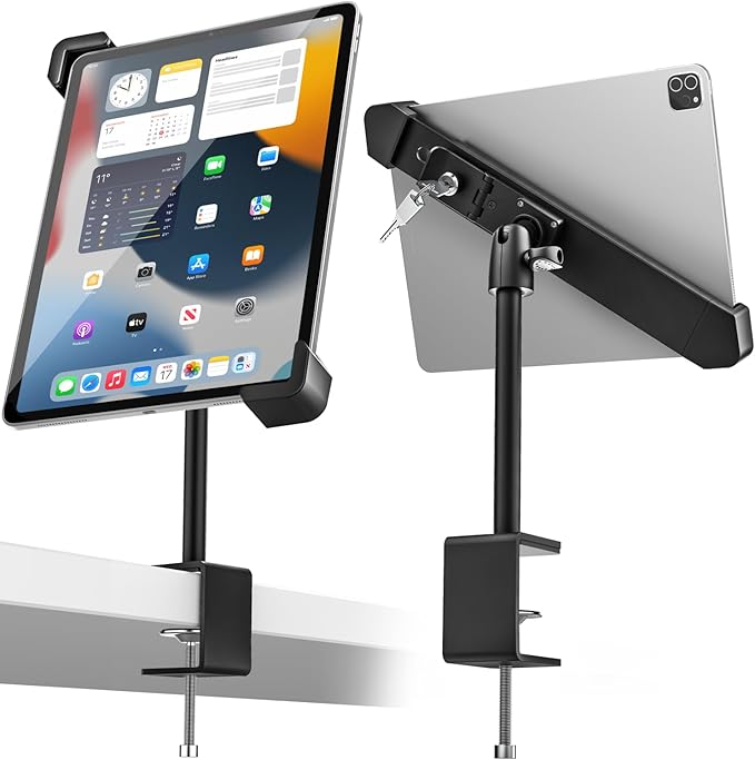 woleyi Anti-Theft Retail Kiosk Tablet Stand - [Dual Security Lock] 360° Swivel Locking iPad POS Stand Holder, for 7-11" iPad Pro/Air/Mini, Galaxy Tab, Surface, for Store Display Office Kitchen Desktop