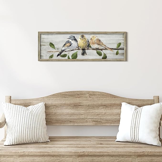 Rustic Bird Framed Wall Art: Vintage Animal Wooden Painting Abstract Colorful Cute Sparrow Picture Country Chubby Chickadee Prints Artwork Decor for Living Room Bedroom Farmhouse