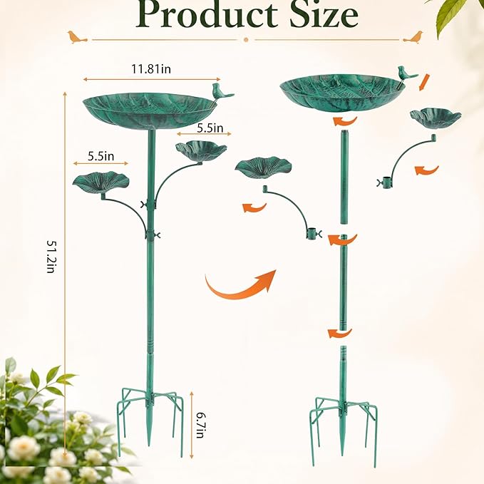 HUFAND Triple Bowl Bird Bath for Outside, 3-in-1 Bird Bath & Feeder with 4-Claw Ground Stake, 51in Height, 11.8in Large Top Bowl, Outdoor Birdbath for Garden Patio Yard Decor, Copper-Green