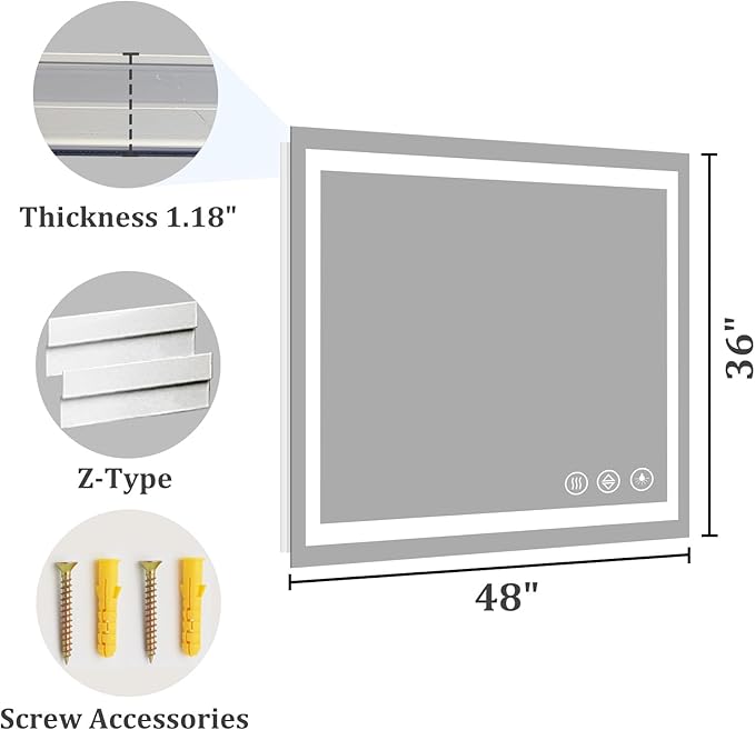 Koonmi 48"x36" LED Mirror for Bathroom, 90CRI Anti-Fog Vanity Mirror