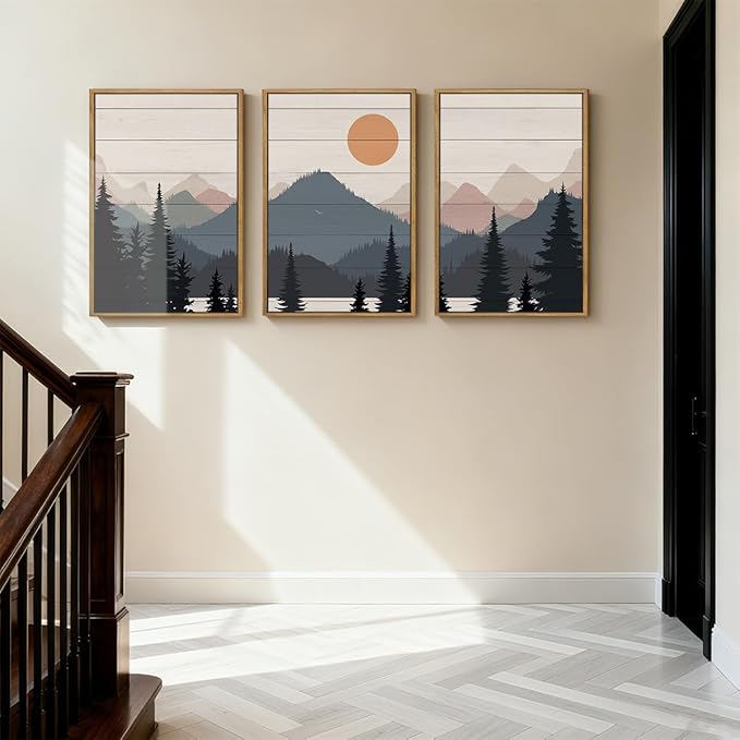 Anyzal Large Boho Mountain Framed Wall Art 16x24 Inch Abstract Lake Landscape Canvas Wall Decor Modern Forest Sunrise Artwork for Bedroom Living Room Office Set of 3