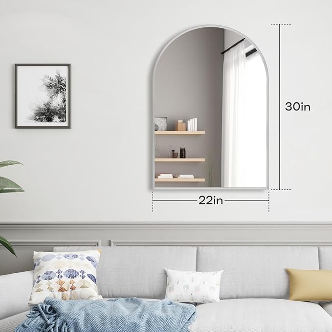 22" x 30" Silver Arched Mirror, Arch Bathroom Vanity Mirror, Modern Aluminum