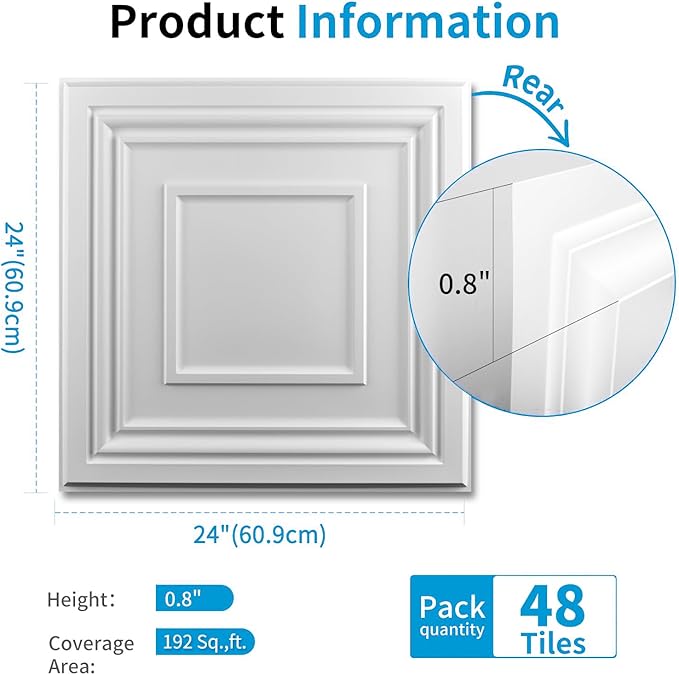 Art3d 48 Pack PVC Ceiling Tiles 24x24 Inches Waterproof Drop Ceiling Tiles/Wall