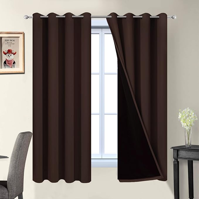Yakamok Blackout Curtains 63 Inches Long, 2 Thick Layers Grommet Top Thermal