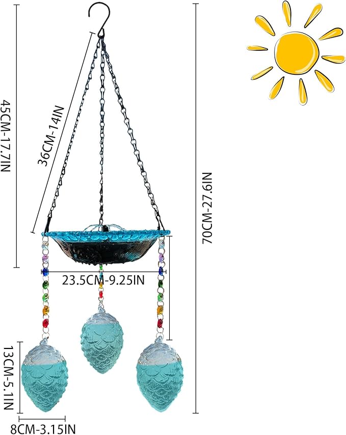 Hummingbird Feeder and Bird Bath for Outdoors 2-in-1 for Small Birds - Hummingbird Bath Fountain with 3 Blue Feeder Pots - Hanging Solar Bird Bath Fountains