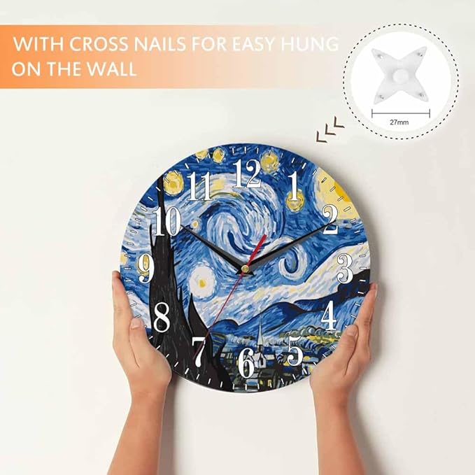 Mxocom The Starry Night Wall Clock Art Oil Painting Moon Mountain Village Van