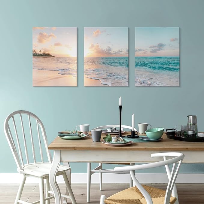 Goldfoilart 3 Pieces Beach Wall Art Sunset Bathroom Canvas Pictures Ocean Wall