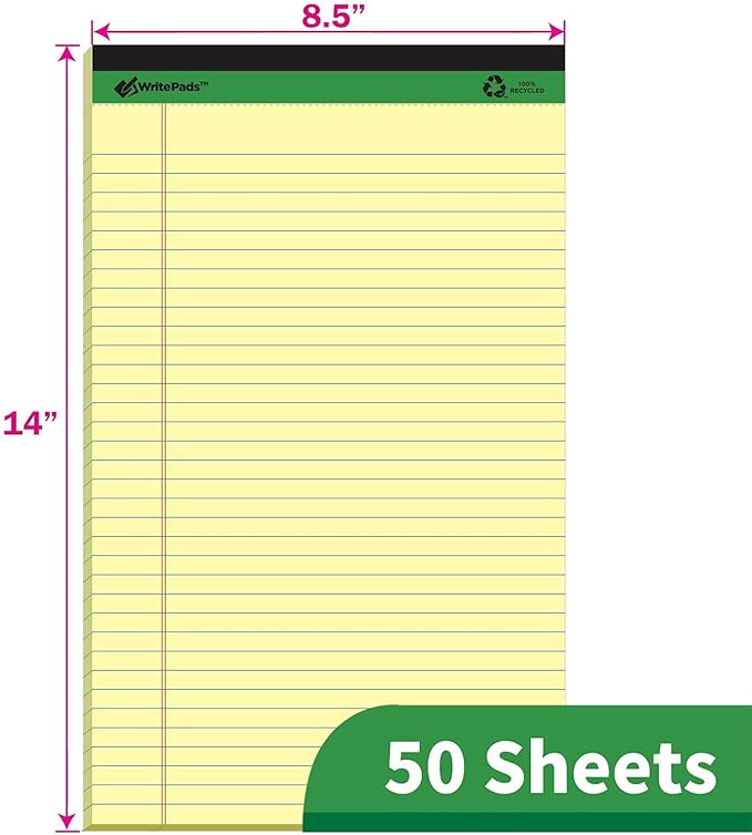 KAISA Yellow Legal Pads Writing Pads Recycled Paper 8.5"x14" Wide Ruled Lined Paper Perforated 50 sheets Hard Back Notepads Large Legal Pad Writing Tablet Canary For Office Supplies (Canary 12pads)