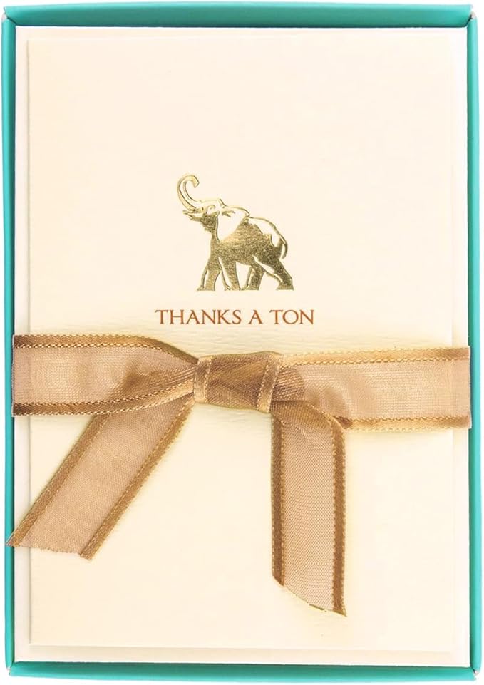 Graphique Elephant La Petite Presse Boxed Notecards - 10 Embossed and Embellished Gold Foil "Thanks a Ton" Elephant Notes with Matching Envelopes, 3.25" x 4.75