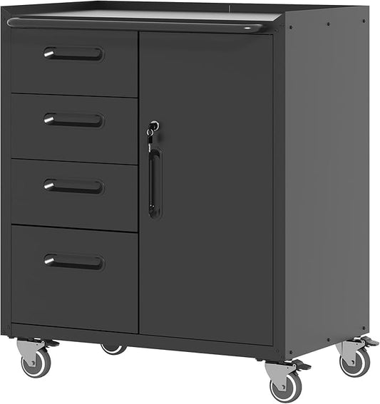 Metal Storage Cabinet with Wheels, Garage Storage Cabinet with 1 Door and 4