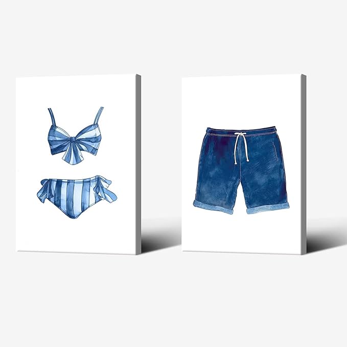 Liyark Set of 2 Retro Navy Blue And White Swimsuit Art Posters Beach Bathing
