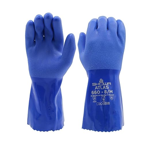 SHOWA Atlas 660 Triple-Dipped PVC Chemical Resistant Gloves, Heavy-Duty Gloves, Rough Finish Grip, Seamless Cotton Liner, 12" Length, Blue, X-Large, Vending 12-Pack