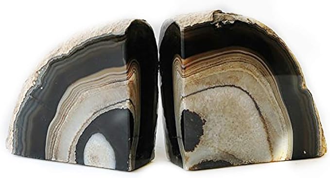 JIC Gem Black Agate Bookend(s) geode bookends Large Book Ends for Shelves 1 Pair 6 to 8 Lbs Book Ends to Hold Books Heavy Duty from Brazilian with Rubber Bumpers for Office and Home Decoration