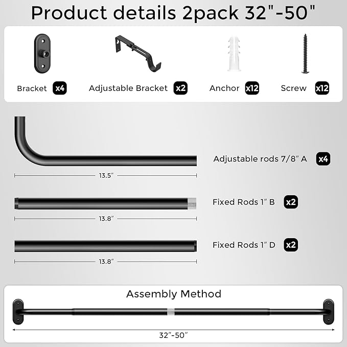 2 Pack Curtain Rods 32-46 Inch, 1 Inch Adjustable Heavy Duty Room Darkening
