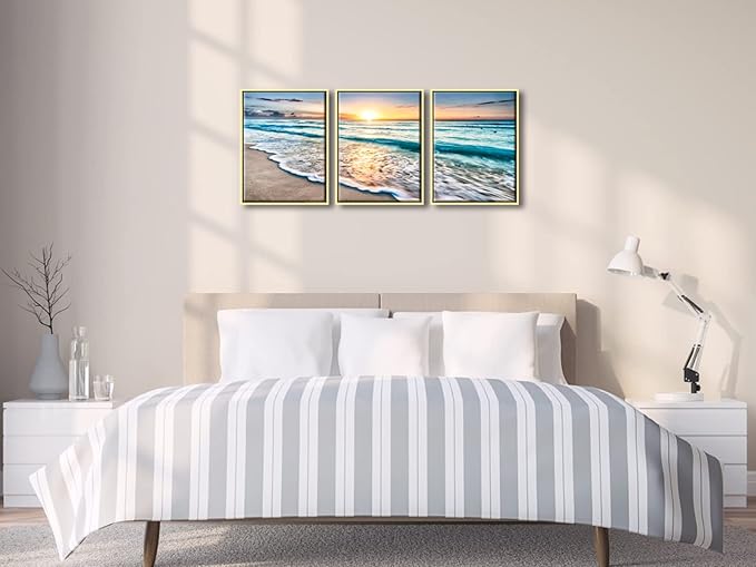 Wieco Art Framed Canvas Wall Art 3 Panel Blue Beach
