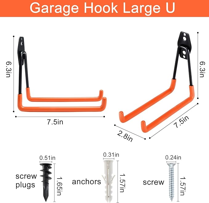 Aoben Heavy Duty Steel Garage Storage Hooks, Utility Tool Hangers and Combinable Wall Mount Hooks for Organizing Ladder, Hold Chairs, Heavy Tools (Large U, 4 Pack)