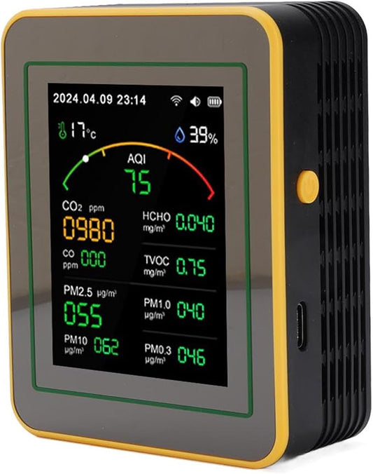 Eujgoov Air Quality Detector, 15 in 1 WiFi APP Control CO2 HCHO TVOC PM2.5 PM10 Temperature Humidity Monitor, with Smart Timer and Real Time Data, for Indoor Air Quality Tester (Black Yellow)