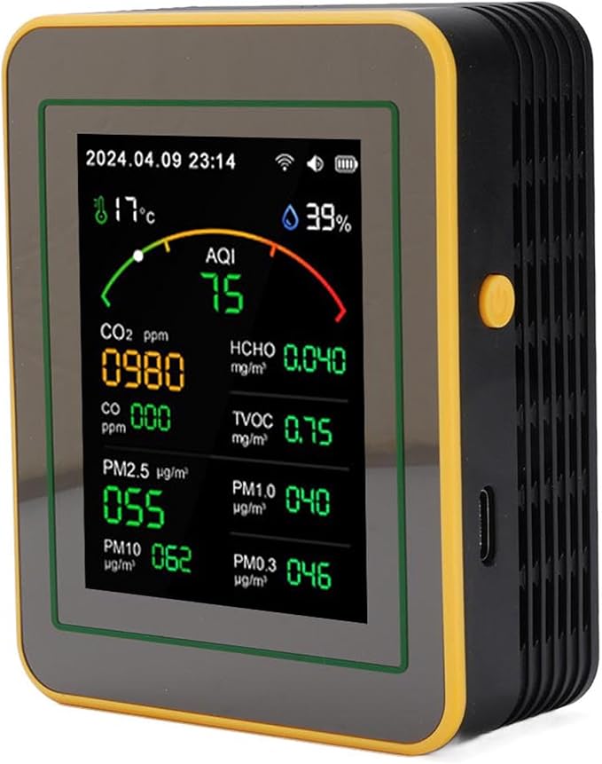 Yctze 15 in 1 Air Quality Detector, WiFi APP Control CO2 HCHO TVOC PM2.5 PM10 Temperature Humidity Monitor with Smart Timer & Real Time Data, Ideal for Indoor Air Quality Testing (Black Yellow)