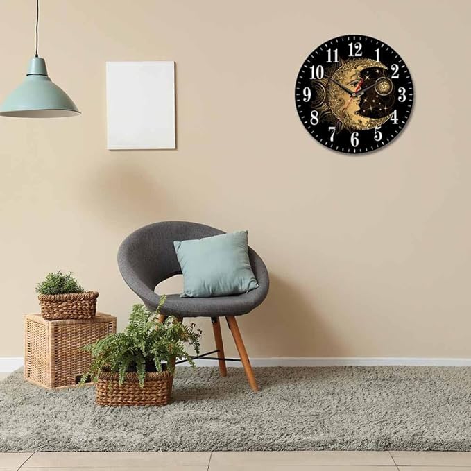 Mxocom Crescent Moon Wall Clock Boho Chic Golden Sun Ethnic Retro Night Black