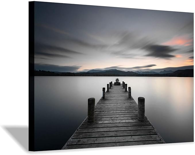Pier Artwork Canvas Wall Art: Vintage Lake Dock Picture Painting Print for Living Room (45'' x 30'' x 1 Panel)