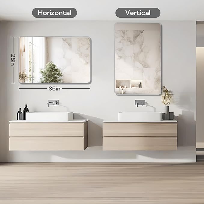 Silver Framed Bathroom Mirror, Brushed Nickel Large Rounded Corner Rectangle