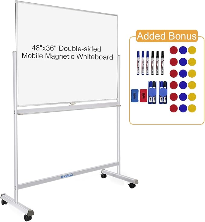 H-Qprobd Rolling Whiteboard with Stand 48"x36" Double-Sided Mobile Magnetic Dry Erase Board on Wheels for Home, Office & School
