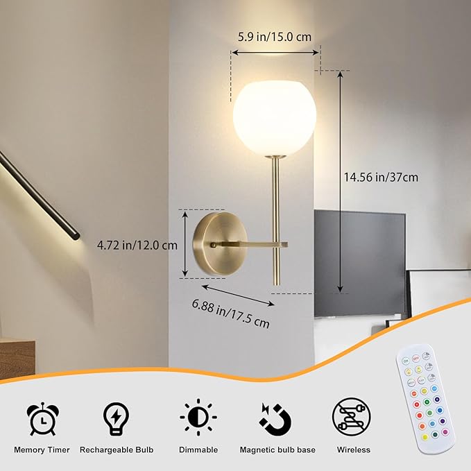 Brass Battery Operated Wall Sconces Set of 2, Rechargeable Wireless Wall Lights