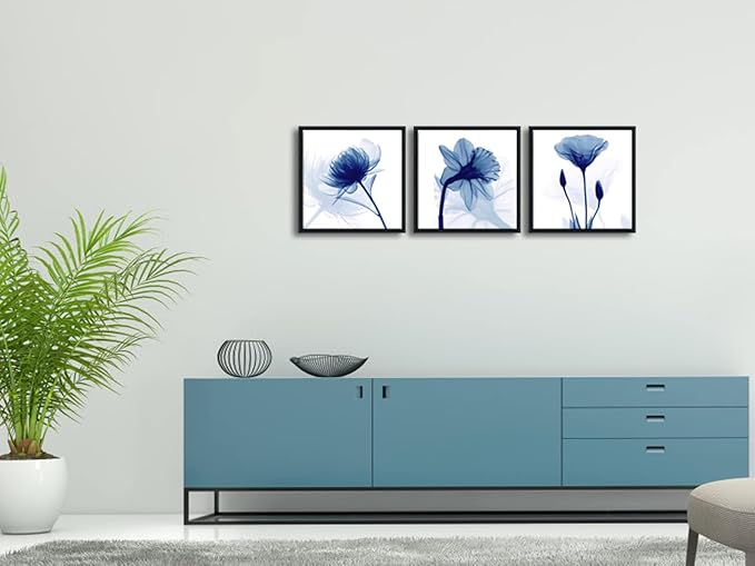 Wieco Art Framed Blue Abstract Flowers 3 Panels Canvas Prints Wall Art Modern
